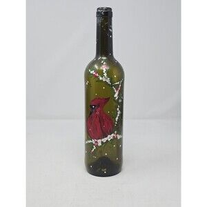 Hand Painted Green Bottle Red Cardinal Bird Decorative